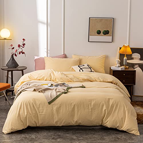 Ultra-Soft 100% Washed Cotton Duvet Cover Set - Queen, Cream Yellow