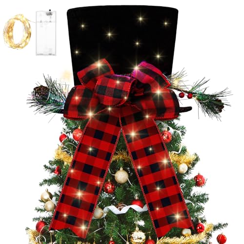 Jetec Christmas Tree Topper Hat Buffalo Plaid Bow with Lights (Black Hat, Red & Black Plaid) for Xmas Tree