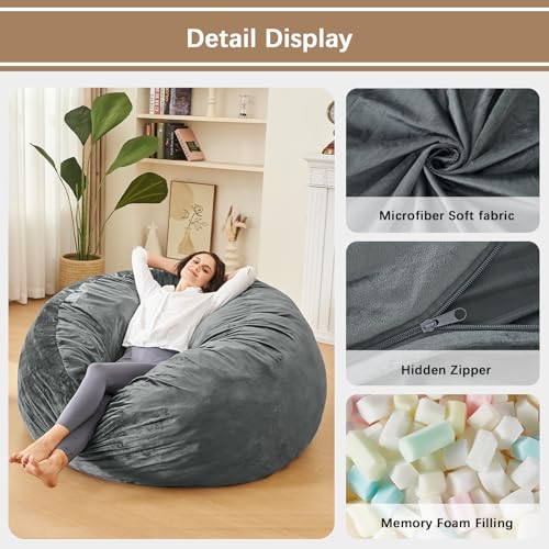 3ft Memory Sponge Bean Bag Chair - Grey Soft Microfiber Lounge Sofa