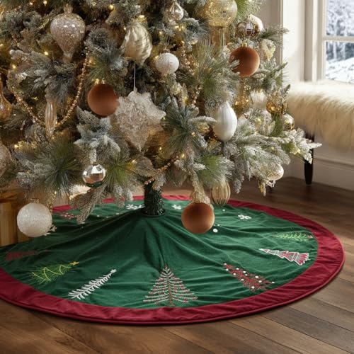Soulchen 48 Inch Green Velvet Christmas Tree Skirt with Burgundy Trim