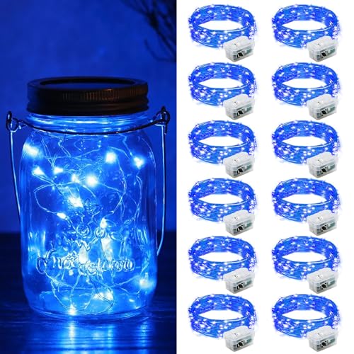 12-Pack Blue LED Fairy String Lights - 7ft Battery Operated Silver Wire