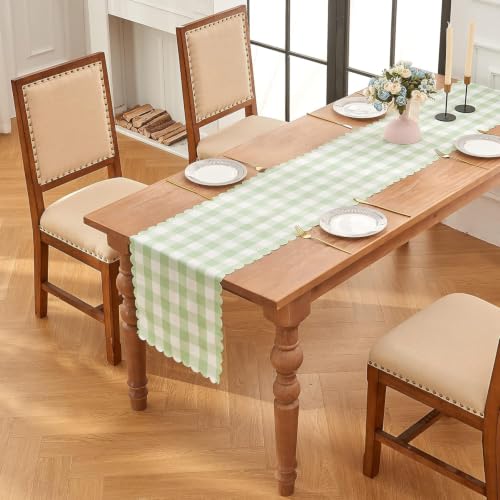 Luxedevin Green and White Gingham Table Runner 71" x 14" - Washable, Double-Sided, Yarn-Dyed