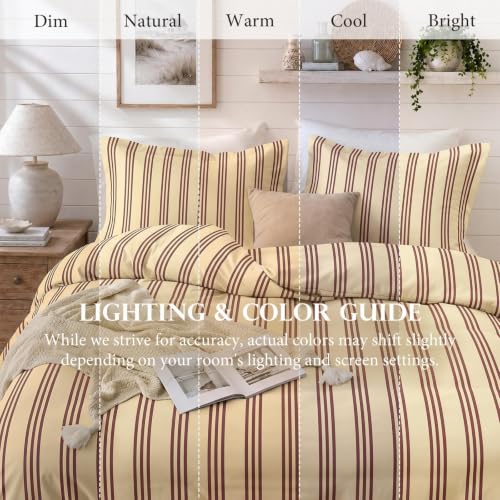 Queen Brown Striped Duvet Cover Set - Soft Brushed Microfiber Bedding
