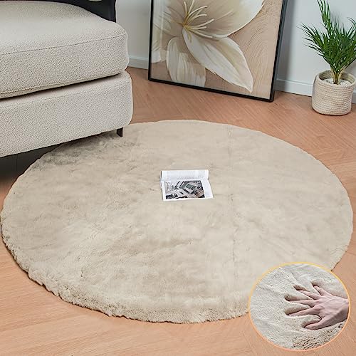 3ft Round Faux Rabbit Fur Area Rug, Soft Washable Shag Rug for Nursery