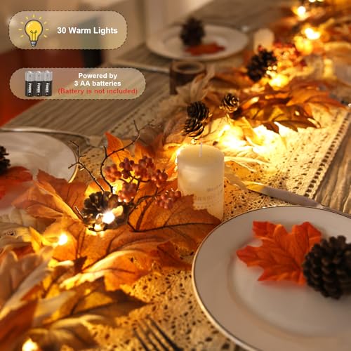 6ft Lighted Fall Garland with Timer, Autumn Leaves & Berries Decor