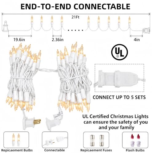 Xeekeehii Warm White 2-Pack 21Ft Christmas String Lights - 100 Incandescent Bulbs