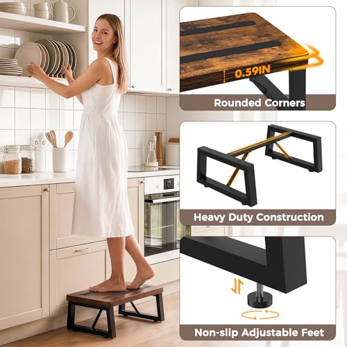 One Step Stool for Adults and Toddlers, Non-Slip Wooden Kitchen Foot Stool