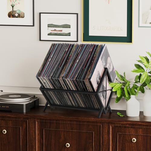 Metal Vinyl Record Storage Holder - 100 LP Album Display Rack, Black