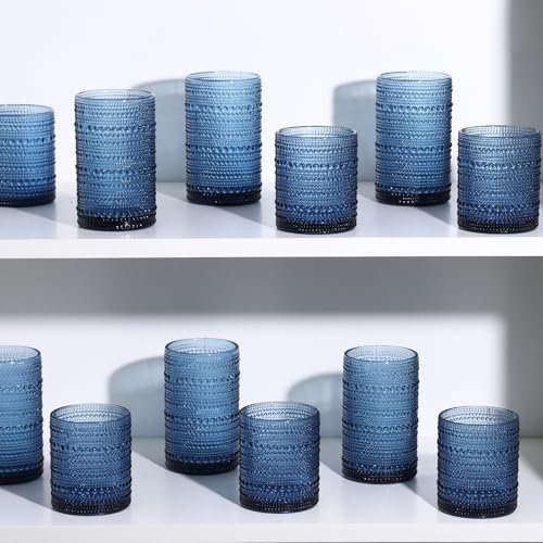 Moretoes Blue Hobnail Drinking Glasses Set of 6, 10oz & 12oz Vintage Glass Cups