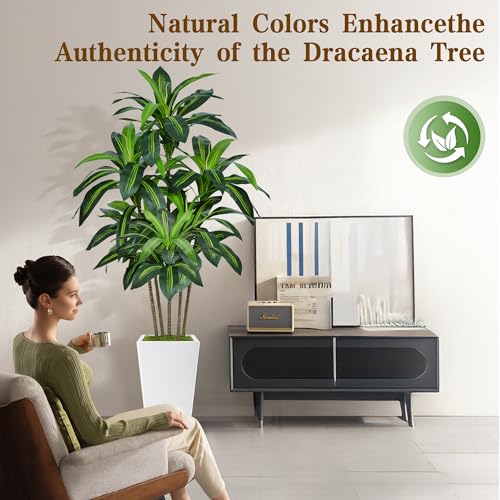 6FT Artificial Dracaena Tree in White Planter - Realistic Indoor Plant