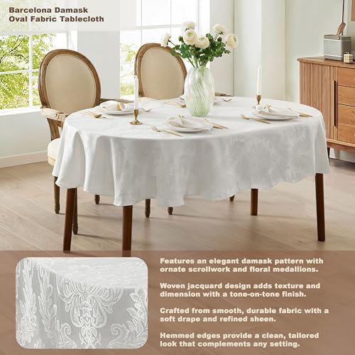 Newbridge Barcelona Damask Oval Tablecloth 60 x 102 Inch White - No Iron, Soil Resistant