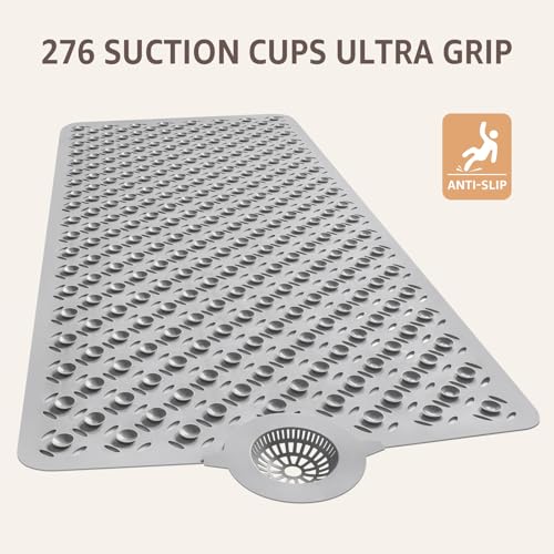 Extra Long Non-Slip Bathtub Mat with Hair Catcher, 39 x 17 Inch Grey