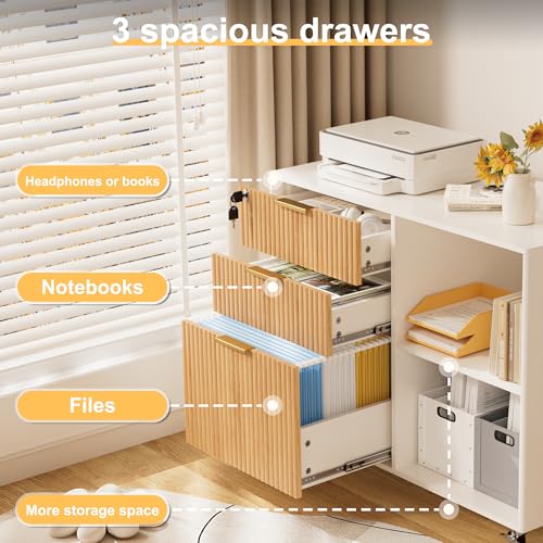 3-Drawer Fluted Mobile Filing Cabinet with Lock, Rolling Under-Desk Organizer