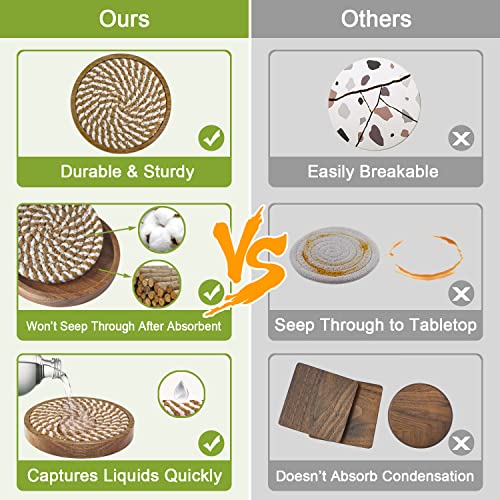 Eykao 5 Pack Woven Wooden Drink Coasters - Absorbent, 4.3-inch, Farmhouse Brown & White Variation