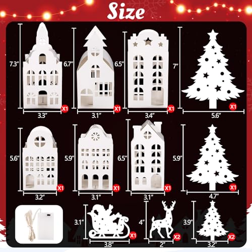 13Pcs Lighted White Christmas Village Houses Set with Trees & Reindeer