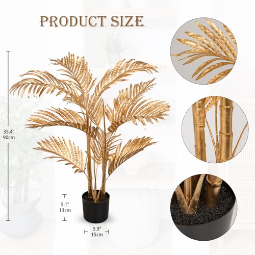 GnFlus 43" Double-Stalk Christmas Gold Artificial Palm Tree in Pot - Indoor Faux Palm
