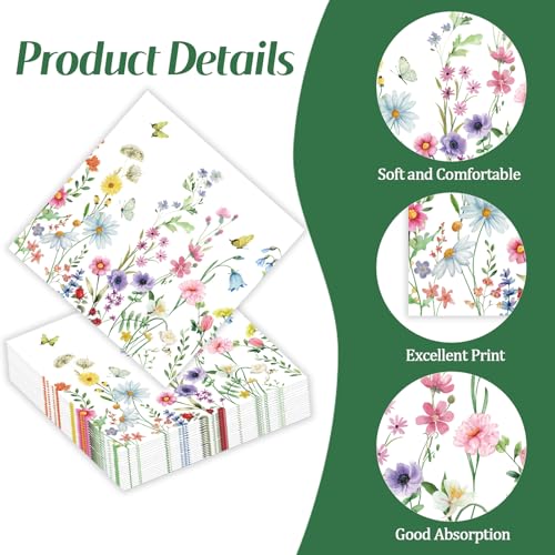 50 Pcs Wildflower Paper Napkins 13x13 Inch Floral Disposable Party Supplies
