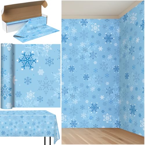 Light Blue Snowflake Christmas Tablecloth Roll 4.5 x 100 ft - Disposable Backdrop for Winter Party