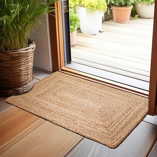 Natural Jute Braided Area Rug 2x3 ft, Hand Woven Reversible Boho Rug