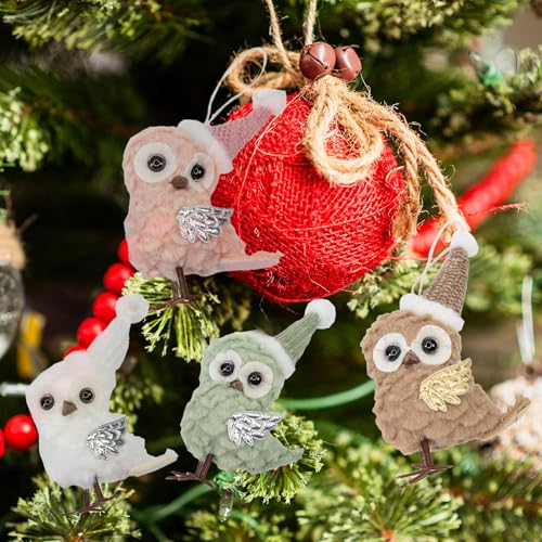 Berfutall 4-Pack Christmas Owl Ornaments - Pastel Plush Holiday Decor with Gold Star Topper