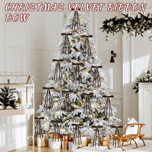 12 Pcs Velvet Christmas Tree Bows with Rustic Brown Ribbon, 5.9 x 9.84 Inches - Holiday Wreath & Decor Accessories