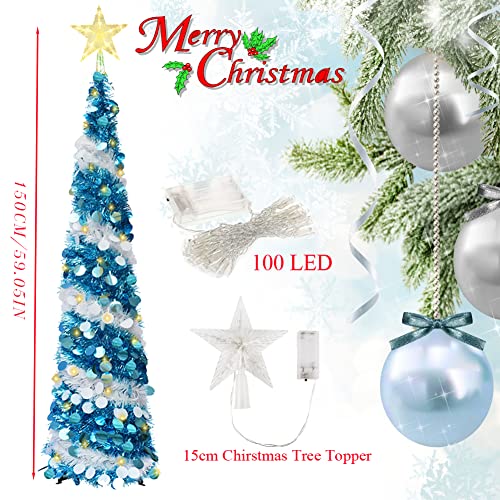 Vinelftage Blue Pop-Up Artificial Christmas Tree 5ft with 100 LED Lights & Star Topper