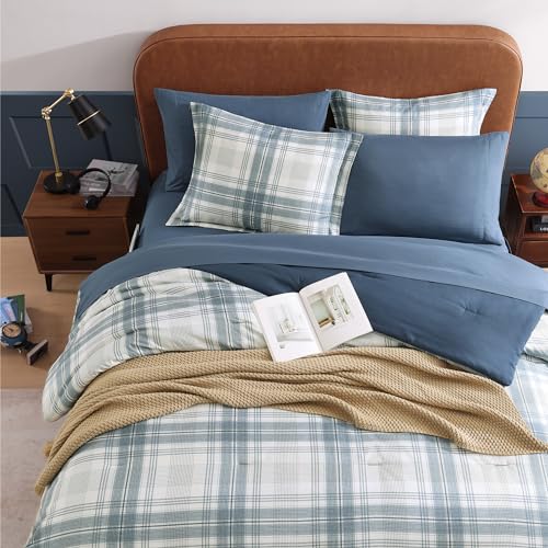 AMBERSPACE Plaid Twin XL Comforter Set, 5-Piece College Dorm Bedding Set