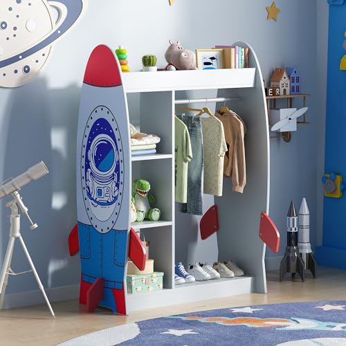 Rocket-Themed Kids Dress Up Wardrobe with Mirror & Storage Shelves