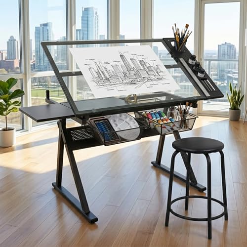Adjustable Drafting Table with Stool, Tiltable Glass Top Art Workstation
