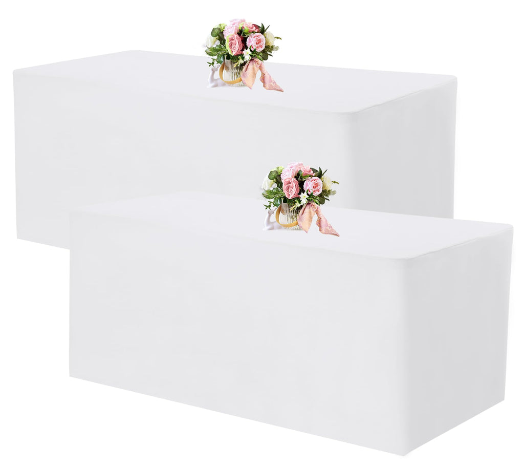 Fivenl 2 Pack Fitted Tablecloths 96 x 30 Inch, White Rectangle Table Clothes for 8 Foot Tables, Washable Polyester Fabric Table Cover for Parties, Wedding, Banquet, Trade Show