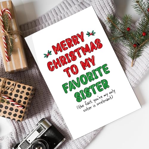 RPJIEKINXU Funny Christmas Card for Sister - Variant #2 with Golden Envelope, Humorous Holiday Greeting, 8x5.3in