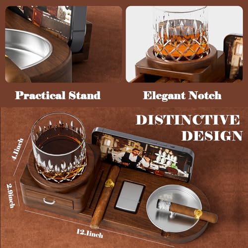 Acacia Wood Cigar Ashtray and Whiskey Glass Tray with Storage Drawer