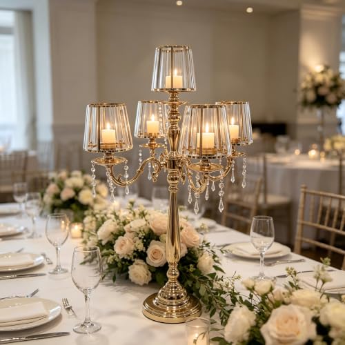 5-Arm Gold Candelabra Centerpiece 33-Inch Tall with Glass Shades & Crystal Pendants - VINCIGANT