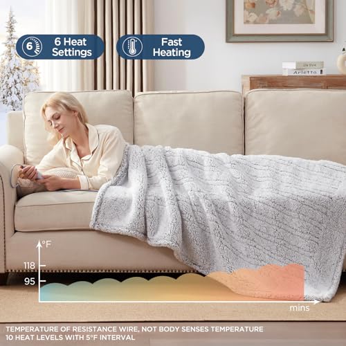Electric Heated Throw Blanket, 6 Heat Settings, Soft Plush Sherpa, 50x60"