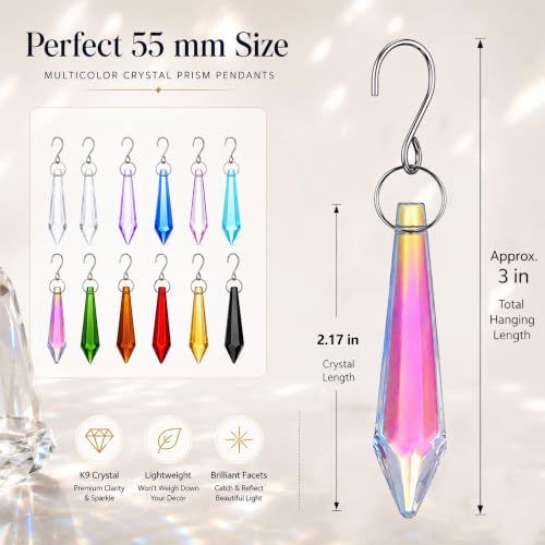 LOULIQIGIFT 12Pcs Multicolor Crystal Icicle Prisms Decorations - 55mm Gift Set