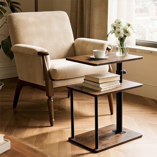 Height Adjustable C-Shaped Swivel End Table with Storage - Rustic Brown