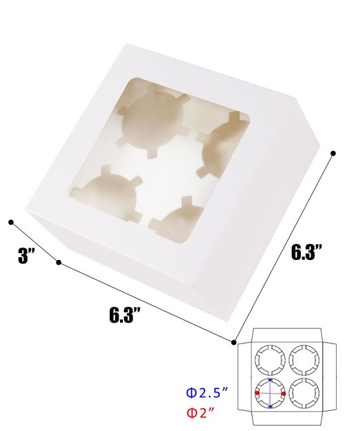 qiqee Auto-pop Up 4 Cupcake Boxes with Window White 30 Packs Cupcake Box 6.3"x6.3"x3" Bakery Boxes For Cupcakes Carrier, Cupcake Containers