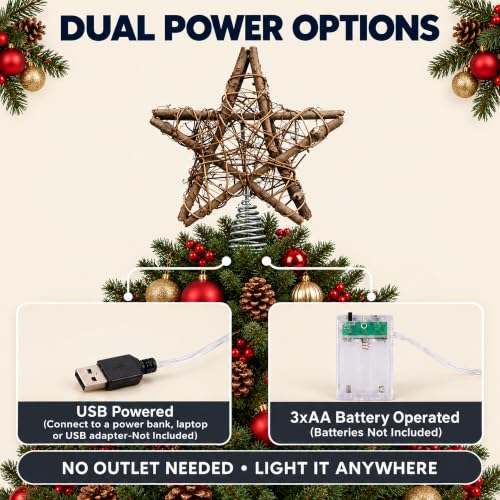 Rattan Christmas Tree Topper Star with Warm White LED Lights, Battery & USB Powered