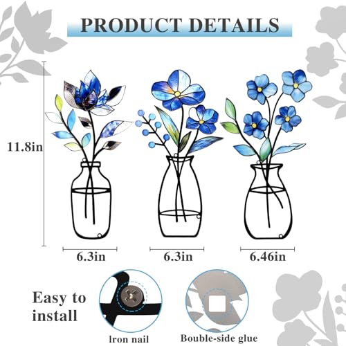 3-Piece Metal Vase Wall Art Set, Rustic Blue Iron Floral Wall Decor