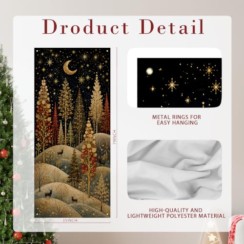 JINYO Whimsical Christmas Tree Reindeer Door Cover — 35x79 in, Festive Curtain