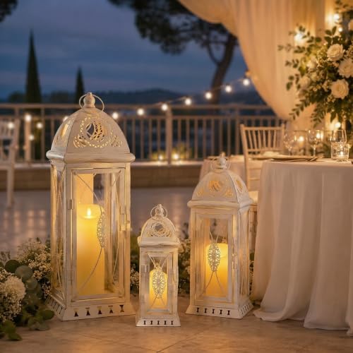 TRIROCKS Beige with Gold Brush 3-Set Large Decorative Candle Lanterns (22, 16, 11 in) for Indoor Outdoor