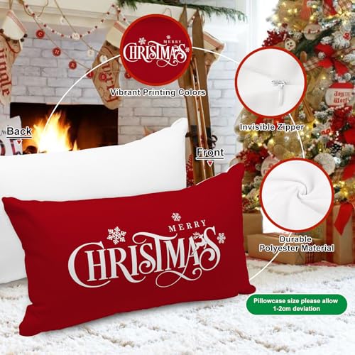 Lanpn 12x24 Xmas Pillow Covers Set of 2 Red & White Merry Christmas Snowflake - Front Print, Back Plain