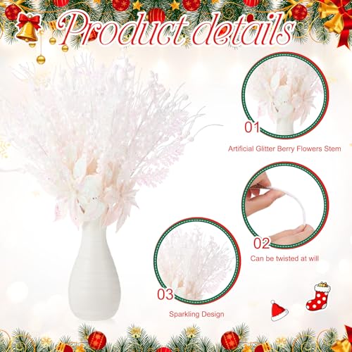 White Christmas Tree Picks and Sprays - 36 Pack, 17 Inch Glitter Berry Branches
