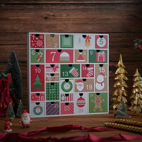 FESTGLOX Wooden Refillable Advent Calendar - 25 Drawer DIY Holiday Calendar for Kids