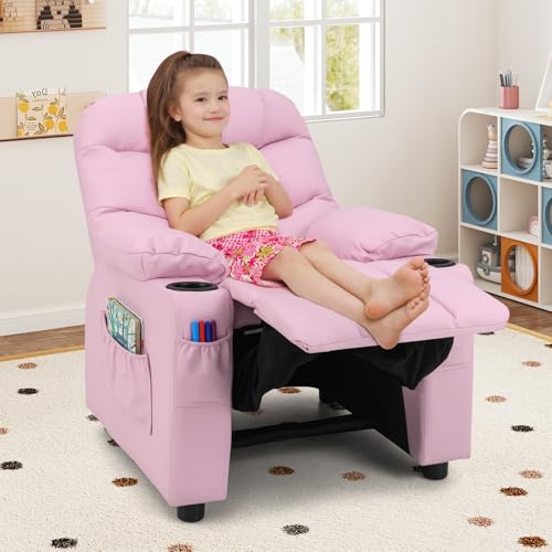Costzon Kids Pink Recliner Chair 26”x28”x34” with Cup Holder & Footrest