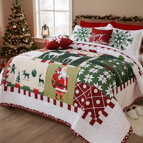 King Size 5-Piece Christmas Quilt Set Reversible Santa Reindeer Snowflake Bedding