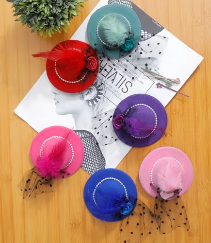 Mini Tea Party Fascinator Hats - 4-Inch Clip-On Top Hat Hair Clips, 6 Pack
