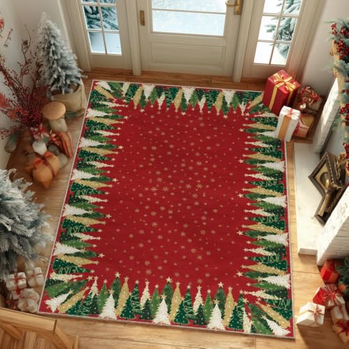 Artoid Mode 5' x 7' Red Xmas Tree Snowflake Area Rug – Non-Slip Washable Holiday Living Room Decor