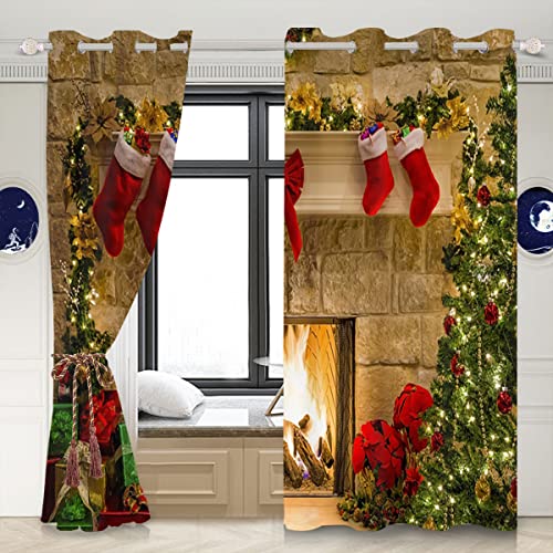 Umpoo 2 Pack Christmas Fireplace Window Curtains - Holiday Red & Xmas Tree Design, 52 x 96 Inches