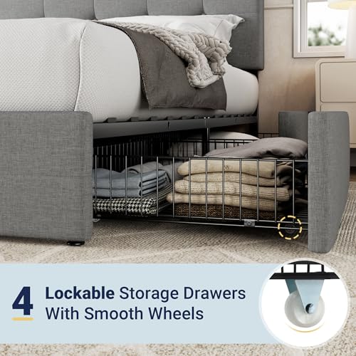 Queen Size Upholstered Platform Bed Frame with 4 Storage Drawers
